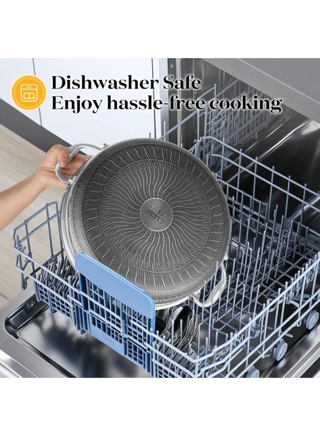 م.ا & ف'س مقلاة سوتيه من الفولاذ المقاوم للصدأ، مقلاة عميقة 30 سم، أواني طهي بغطاء، قدر طهي غير لاصق بتصميم خلية النحل مع مقابض، مقلاة كاداي كبيرة، مقلاة ووك متوافقة مع جميع أنواع المواقد، آمنة للغسل في غسالة الأطباق - Image 3